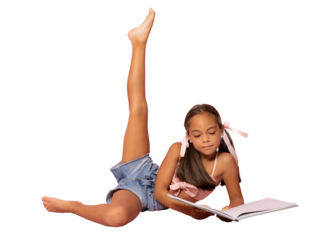 Cute child girl reading a book while stretching her leg lying on floor isolated over transparent background. Education concept. PNG transparent.