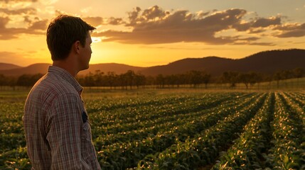 Fototapeta premium Farmer sunset field agriculture contemplation rural landscape
