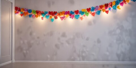 A colorful garland made from hearts cut out from paper or foam hanging from a wall or door frame , valentine, arrangement, craft