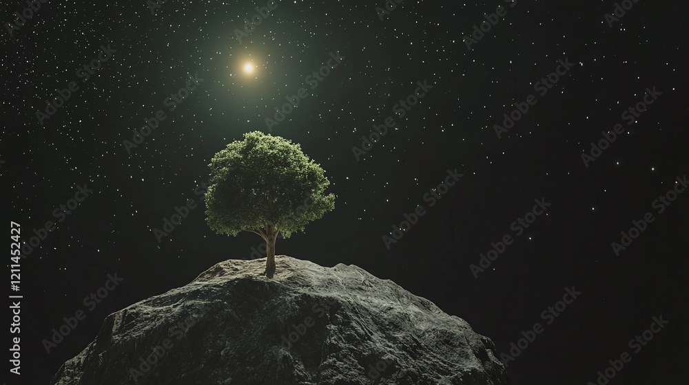 Aufkleber a surreal depiction of a lone tree growing on a small planet floating in space illuminated by a dist