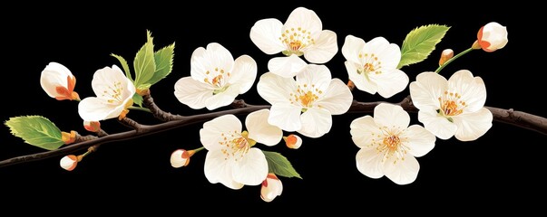 A delicate branch adorned with white blossoms and fresh green leaves against a black background, symbolizing beauty and renewal.