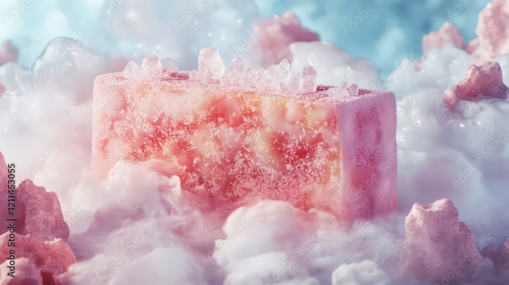 Poster Pink rectangular block covered in ice crystals rests on a bed of dry ice.