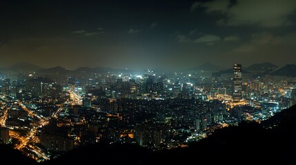 Fototapeta premium Night cityscape panorama, hillside view, city lights, hazy sky, urban background, travel poster