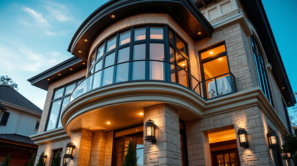 Obraz premium Luxury Modern Home Exterior at Dusk: Elegant Stone Facade, Curved Balcony, and Large Windows. A stunning example of contemporary residential architecture.