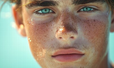 Close-up of a freckled face. AI.