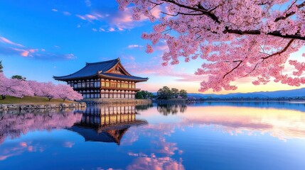 Fototapeta premium Heian Jingu Garden: A Stunning Cherry Blossom Spot in Kyoto with Lush Plants, Ponds, and Buildings