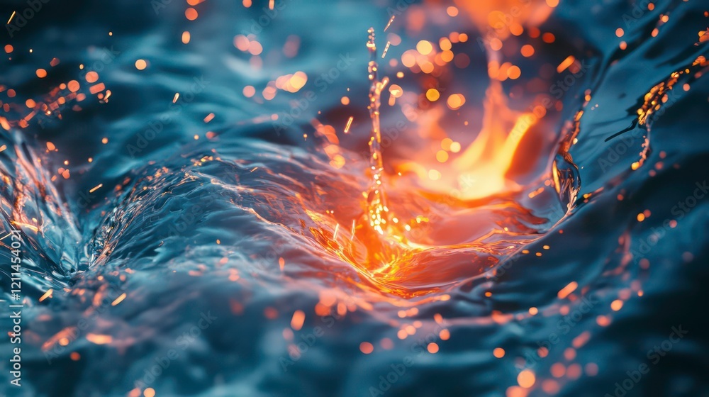Poster abstract fiery liquid splash with glowing particles.