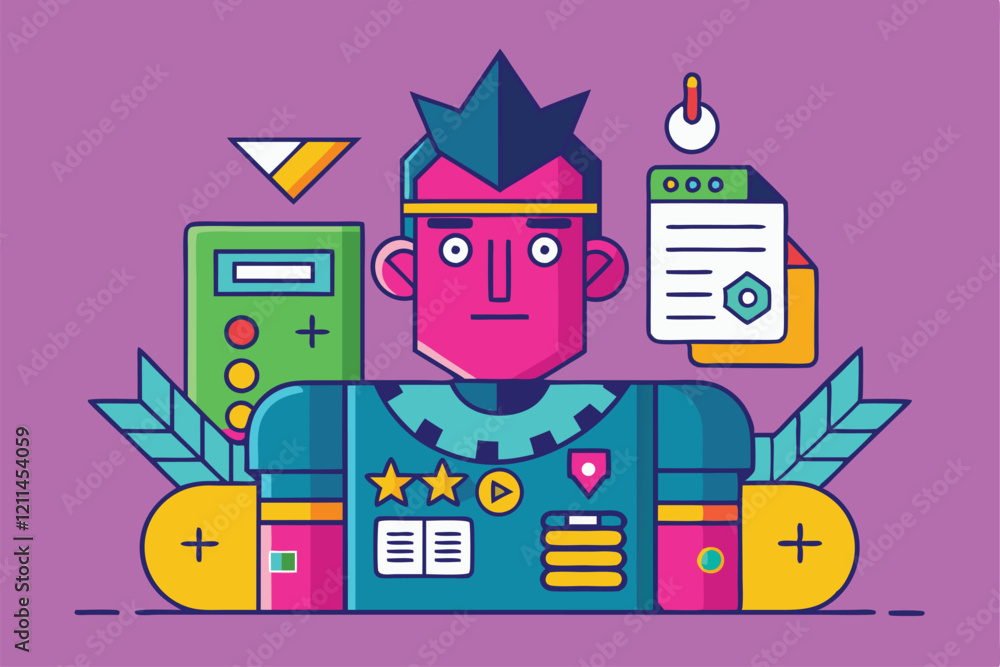 Poster a vibrant character design showcases digital tools and symbols representing modern technology forms 