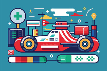 A sleek racing car is depicted in a colorful, semi-flat style with various pit stop elements around it Formula Customizable Semi Flat Illustration