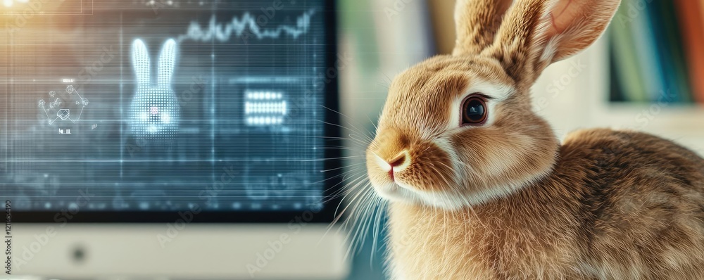 Poster Pet ai idea. A curious rabbit looks towards a computer screen with data and images.