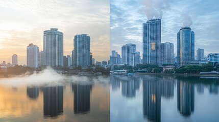 Fototapeta premium Cityscape Sunrise, Foggy Lake Reflection, Urban Development, Morning Mist, Two Views