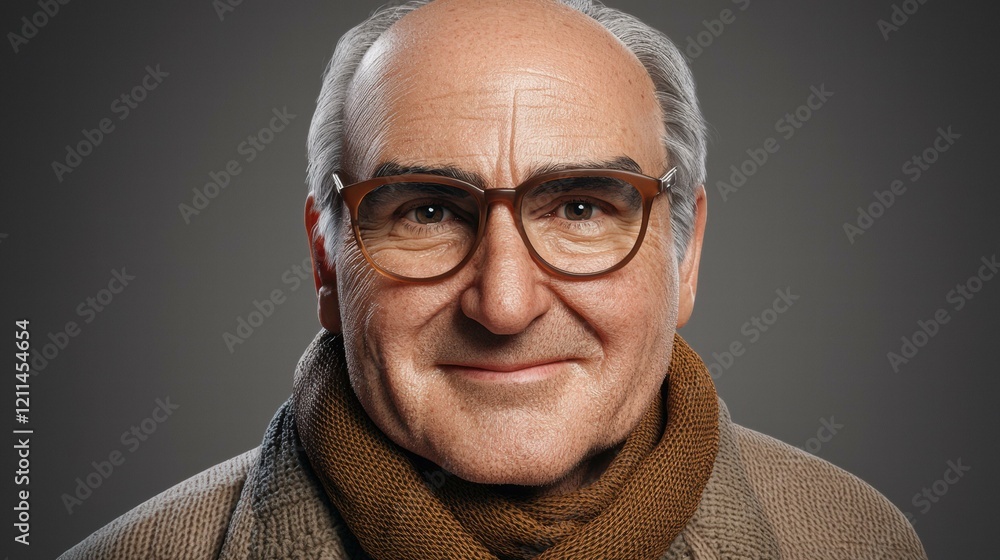 Poster A smiling senior man wearing glasses and a scarf. AI.