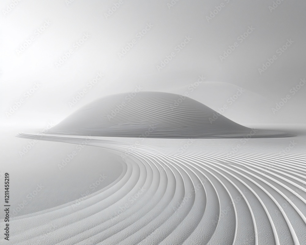 Poster abstract grayscale landscape with curved lines and dome.