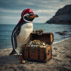 A penguin dressed as a pirate with a treasure chest.