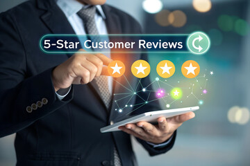 Customer feedback and review good rating concept, person in a business suit interacting with floating digital 5-star customer reviews. testimonial and testimony, user comment and feedback for review