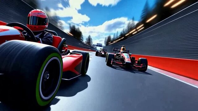 High-speed race cars racing on a track under a blue sky with dynamic motion.