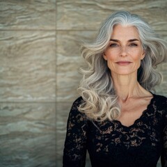 Fototapeta premium Elegant Mature Woman Gray Hair Lace Dress Studio Portrait