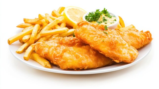 A plate of crispy fish and chips with golden-brown battered fish fillets and thick-cut fries, Each piece crunchy on the outside and tender on the inside
