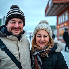 A Greenlandic couple wearing winter clothes and smiling.
