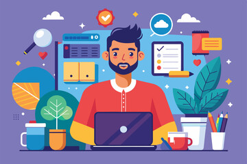 A freelancer focuses on his laptop while surrounded by plants and various creative items Freelancer Customizable Flat Illustration