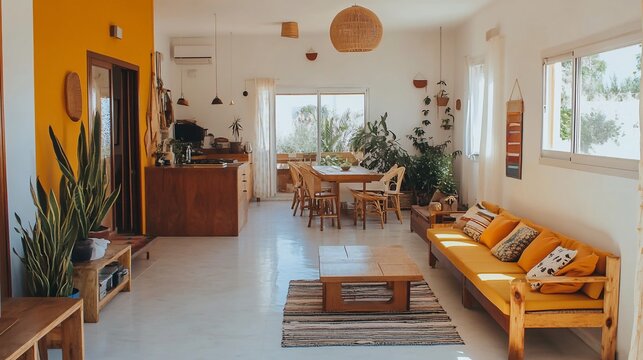 Sunny Mediterranean apartment interior design, showcasing living and dining areas with outdoor view, for rental listing