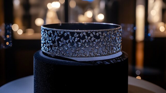 Diamond tiara display, museum exhibit, showcasing luxury jewelry