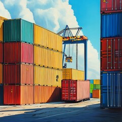 Fototapeta premium Colorful shipping containers stacked at port under sunny sky