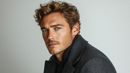 Obraz premium Portrait of a Handsome Man with Curly Hair Wearing a Dark Coat