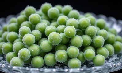Fresh green peas on a glass plate