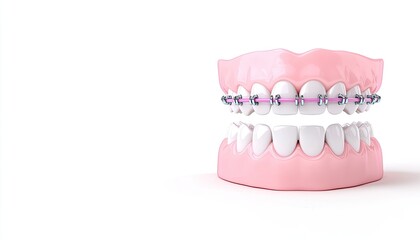 Obraz premium 3D model of dental braces on a set of teeth, showcasing orthodontic treatment in a clean, bright environment