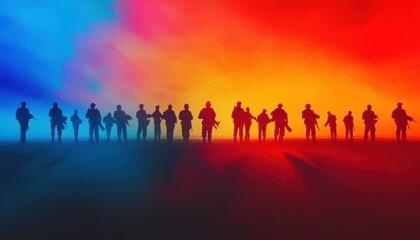 Fototapeta premium Soldiers silhouetted at sunset, dramatic sky, war.
