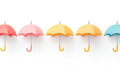 Colorful umbrellas arranged in a row against a white background, creating a cheerful and vibrant atmosphere