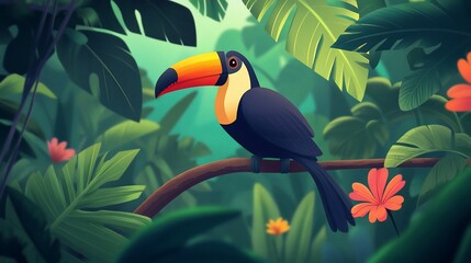 Toucan perched jungle branch, vibrant foliage, flowers, rainforest background; children's book illustration