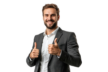 Businessman giving thumbs-up gesture isolated on white or transparent, PNG