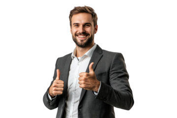 Businessman giving thumbs-up gesture isolated on white or transparent, PNG