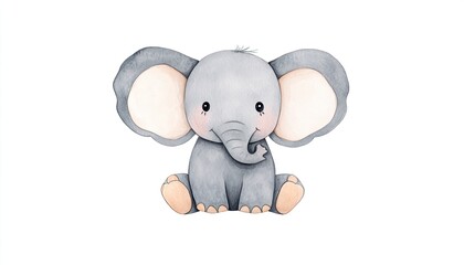 Fototapeta premium Cute watercolor illustration of a baby elephant sitting, with a simple white background, ideal for children's decor