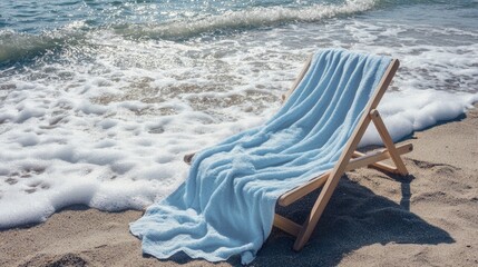 Obraz premium A light blue beach towel spread across a lounge chair next to the ocean, evoking a relaxed, vacation vibe by the seaside