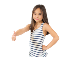 Beautiful smiling little girl in striped t-shirt showing thumb up over transparent background. PNG transparent.
