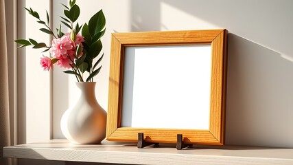 Empty Wooden Photo Frame Mockup with Interior Decor - Bright & Stylish