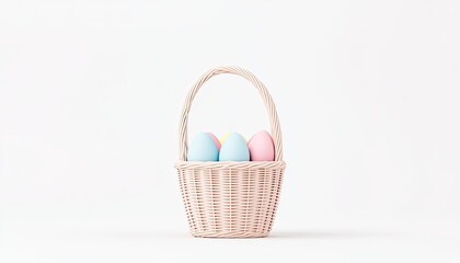 A pastel-colored Easter basket filled with decorative eggs, set against a minimalist white background
