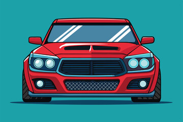 A front view of a custom red car with oversized features and a striking grille Front car Customizable Disproportionate Illustration
