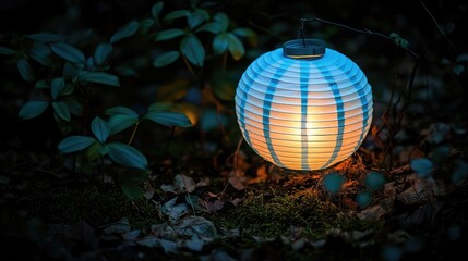Obraz premium A light blue paper lantern glowing softly in a dark garden, surrounded by small plants and dim lighting, ideal for a nighttime event