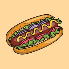 Delicious hot dog with mustard with vegetables