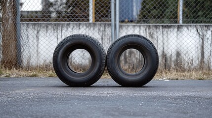 Tire on the street. Tires on the background of the fence.