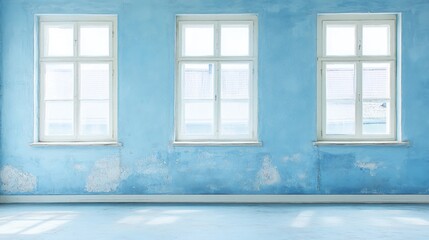A light blue wall with white-framed windows, providing a refreshing and airy feeling for interior or exterior home photography