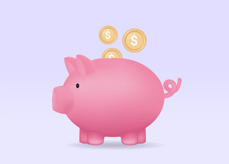 3D vector illustration of a pink piggy bank icon, minimalist style, with a gold coin with a dollar sign being inserted into it. Concepts of saving money, financial management, investing for the future