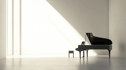 A minimalist setup with a sleek piano, a single chair, and a bright white background