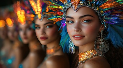 Fototapeta premium Carnival dancers pose, vibrant headdresses, night parade