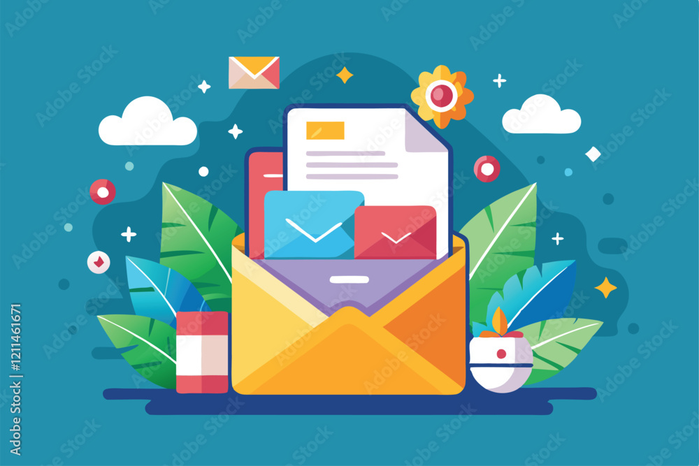 Poster a colorful inbox displays various letters and messages surrounded by lush greenery and decorative el