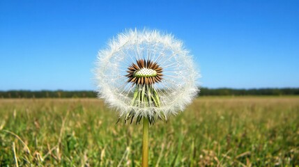 Naklejka premium A single dandelion puffball with its seeds caught mid-air, with a beautiful clear sky in the background